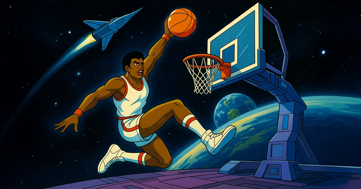 Ein Basketball Spieler im Weltraum
